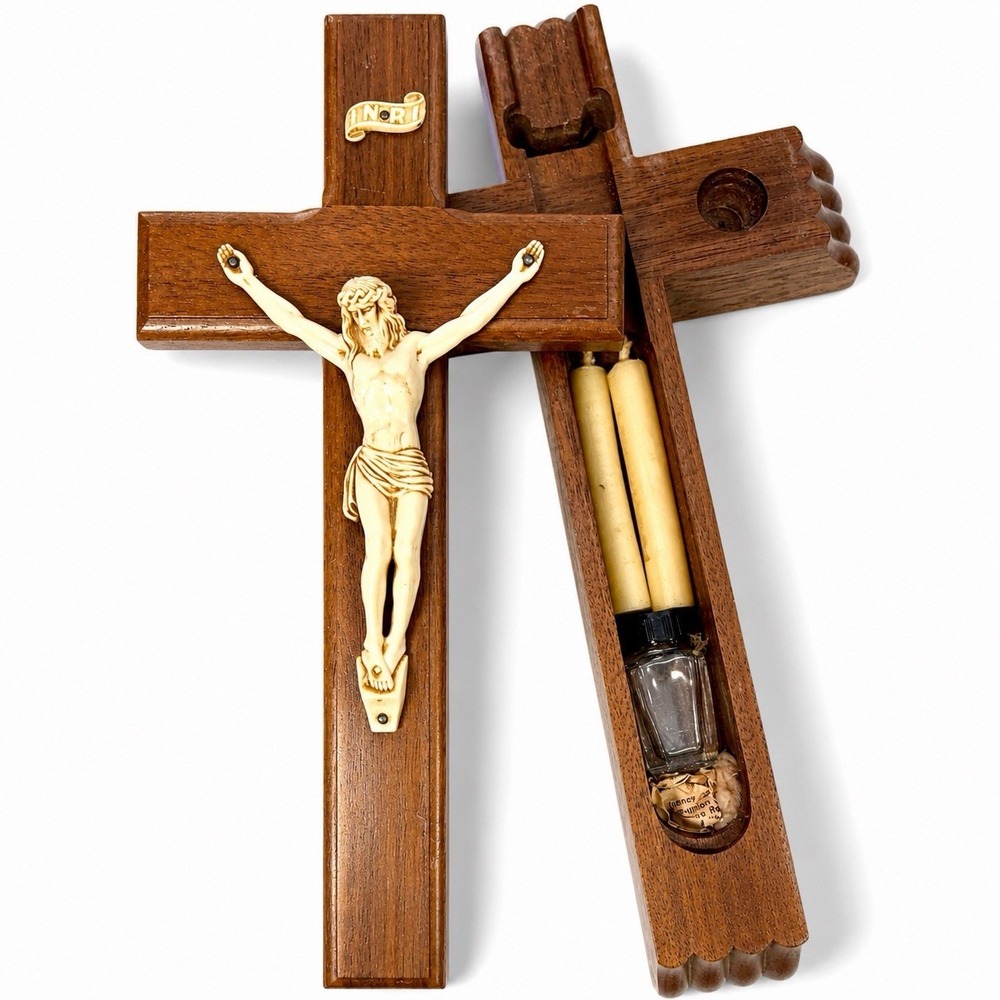 Vintage Wooden Last Rites Crucifix Cross Sick Call Hidden Candles Bottle 13"